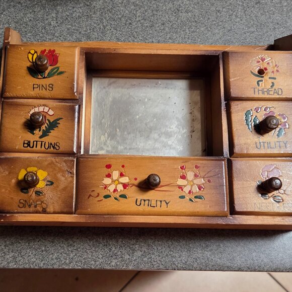 Vintage Sewing Notions Wood Wall/Countertop Cabinet with Drawers and Mirror - Picture 2 of 6